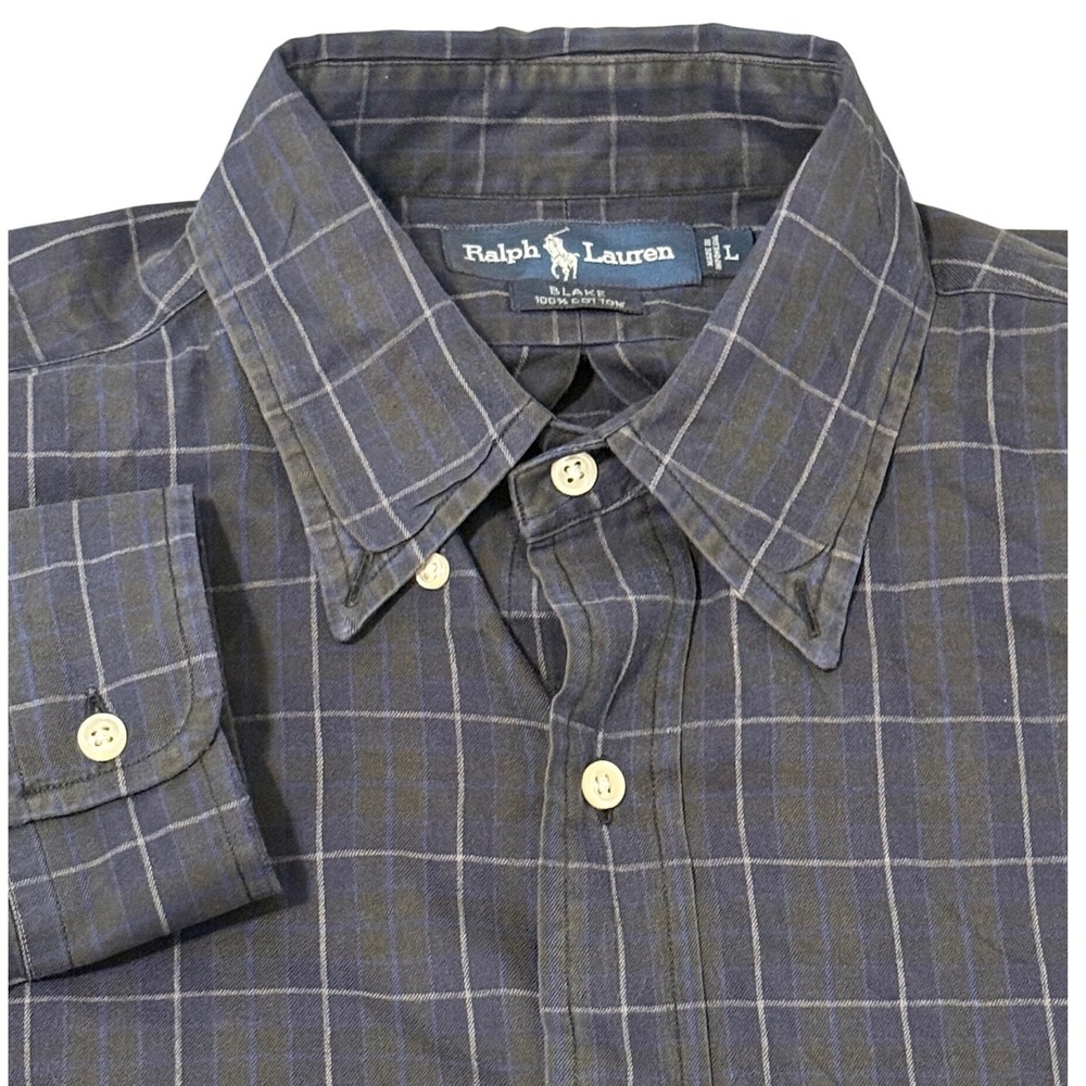 Ralph Lauren‎ Blake Shirt Mens Large Navy Blue Grey Windowpane Plaid Cotton L/S